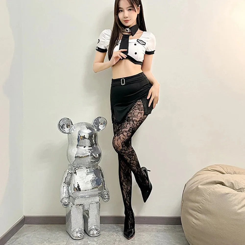 Collant "Black Flower Lolita" – Résille Florale & Dentelle Rétro