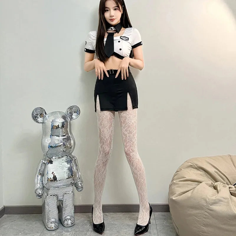 Collant "Black Flower Lolita" – Résille Florale & Dentelle Rétro